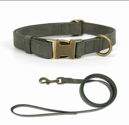 Collier & Laisse en Cuir Kaki Foncé
